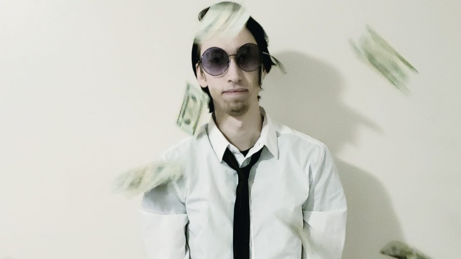 jacob olle with cash falling around him